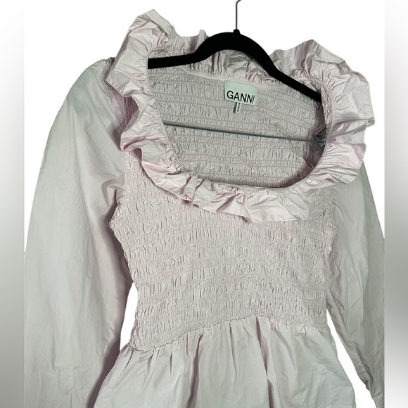 NWOT GANNI Cotton Poplin Open-neck Smocked Blouse in Lilac - Picture 6 of 10